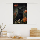 Impression de chat noir à fleurs, Affiche de chat (Cuisine)