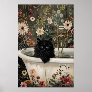 Impression de chat noir floral pour salle de bain,