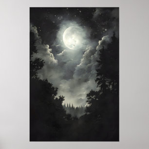 Impression de forêt avec lune et étoiles, Gothique