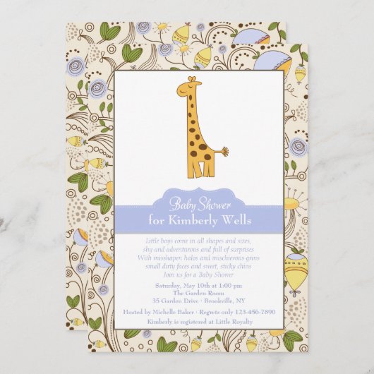 Impression de girafe sur invitation bleue (Devant / Derrière)