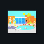 Impression de la partie de pool rétro étirée<br><div class="desc">Entrez ! L'eau est correcte ! Cette Retro Pool Party Stretched Canvas Print présente un dessin animé animé animé animé d'une fête de piscine amusante et sophistiquée. Le design moderne du milieu du siècle s'articule autour d'une piscine ronde sur un grand patio gris en béton. La piscine est remplie d'eau...</div>