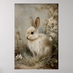Impression de lapin à fleurs vintage, lapin antiqu