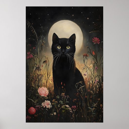 Impression de lune de chat noir floral, chat de fl (Devant)