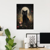 Impression de lune de chat noir floral, chat de fl (Bureau à domicile)