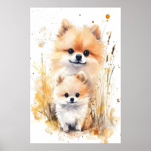 Impression de maman et bébé Pomeranian aquarelle, (Devant)