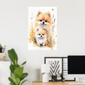 Impression de maman et bébé Pomeranian aquarelle, (Bureau à domicile)