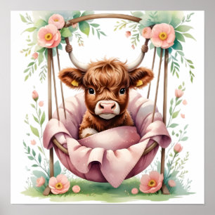 Impression de nurserie de bébé vache Highland flor