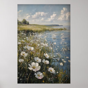 Impression de paysage printanier, champ de fleurs