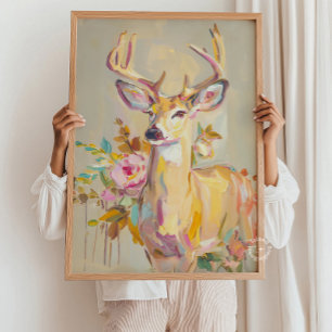 Impression de peinture florale pastel de cerf sur