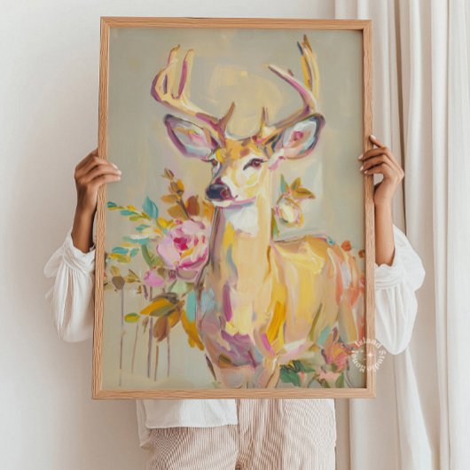 Impression de peinture florale pastel de cerf sur
