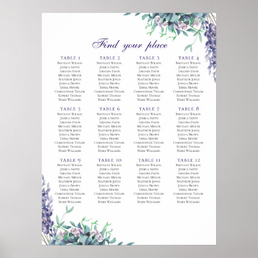 Impression de plan de table avec fleurs violettes. (Devant)