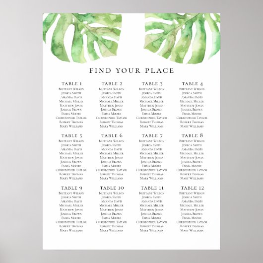 Impression de plan de table exotique vert. Mariage (Devant)