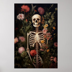 Impression de portrait gothique squelette floral,