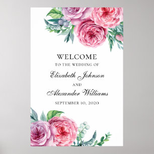 Impression de signe de bienvenue boho. Fleurs rose