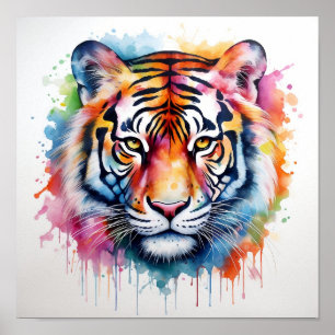 Impression de tête de tigre d'aquarelle vive