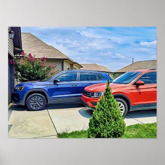 Impression de voiture rouge et bleu, papier d'affi