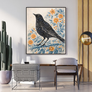 Impression d'oiseau d'art folklorique vintage, ani