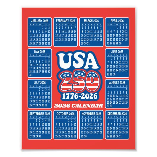 Impression Photo 2026 Calendar - USA 250 Red White Blue (Devant)