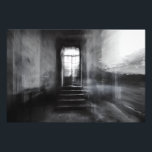 Impression Photo Abandoned Staircase Ghostly Doorway Blur<br><div class="desc">A wide stone staircase rises toward an open arched doorway in an abandoned grand interior, captured in stark black and white. Thick motion blur and ghostly double-exposure layers overlap walls, steps, and cracked plaster, creating an ethereal, dreamlike veil across the scene. Soft daylight pours through the threshold, revealing overgrown foliage...</div>