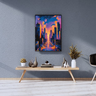 Impression Photo Abstrait Neon City Skyline Sunset Art numérique lu