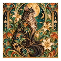 Affiche Art Nouveau Chat Mystique et Lune