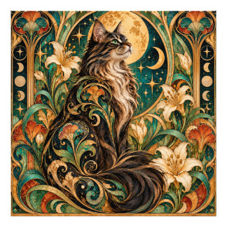 Impression Photo Affiche Art Nouveau Chat Mystique et Lune