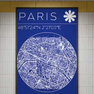 Impression Photo Affiche de carte de Paris circulaire de plan direc