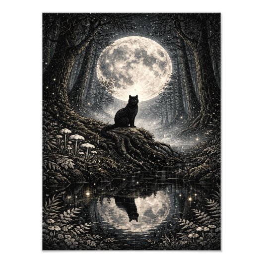 Impression Photo Affiche de Chat Noir Mystique sous la Forêt de la  (Devant)