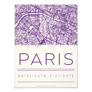 Impression Photo Affiche de coordonnées de Paris – Carte de rue de