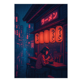 Impression Photo Affiche de nuit de ramen Cyberpunk – Ville japonai