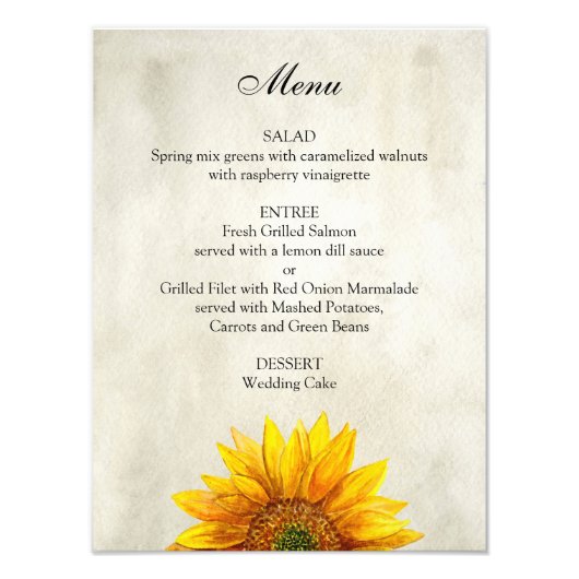 Impression Photo Affiche du menu mariage de tournesol. Menu rustiqu (Devant)