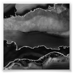 Impression Photo Agate Marbrée Noir Faux Élégant Paillettes Argenté