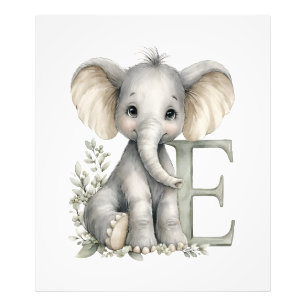 Impression Photo Alphabet mignon en aquarelle des bébés animaux Élé