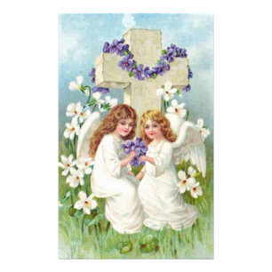 Impression Photo Anges Mignons Avec Croix Et Fleurs