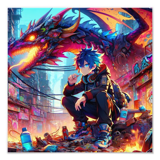 Impression Photo Anime Boy et Dragon dans un monde dystopique (Devant)
