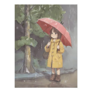 Impression Photo Anime Little Girl allant à l'école par un jour plu