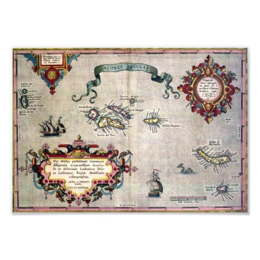 Impression Photo Antique carte des Açores de 1584 réplique (Devant)