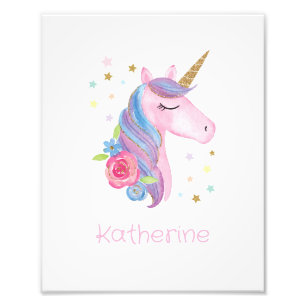 Impression Photo Aquarelle Cute Unicorn Colorful Baby Girl Name