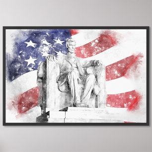 Impression Photo Aquarelle du Lincoln Memorial drapeau américain ag