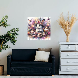 Impression Photo Aquarelle Florale Pink Purple Bunny Tea Party
