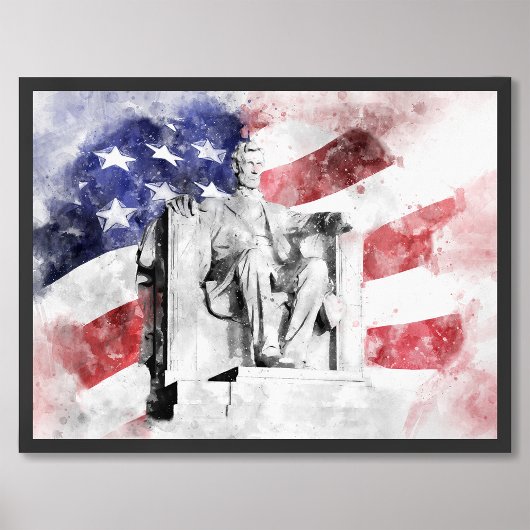 Impression Photo Aquarelle Lincoln Memorial avec drapeau américain