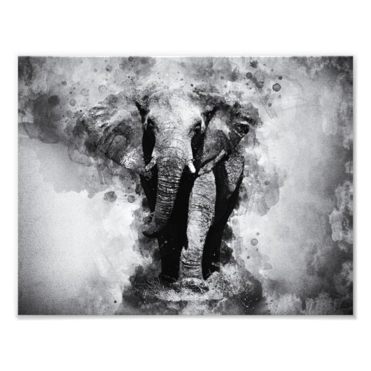 Impression Photo Aquarelle noire et blanche africaine Eléphant (Devant)