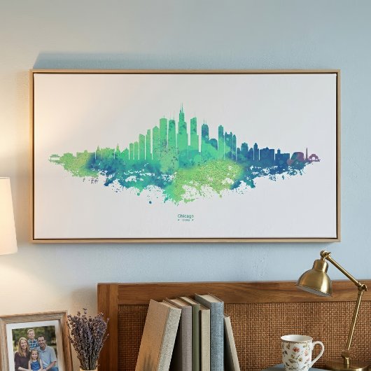 Impression Photo Aquarelle Skyline de Chicago en bleu et vert