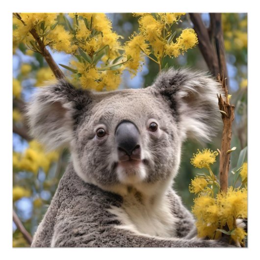Impression Photo Arbre À Fleurs Jaunes Avec Koala, (Devant)