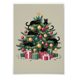 Impression Photo Arbre de Noël Chats Noirs Amoureux de Chats Lumièr