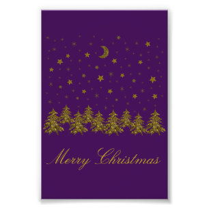 Impression Photo Arbre de Noël doré scintillant, lune, étoiles sur 