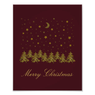 Impression Photo Arbre de Noël en or brillant, lune, étoiles sur ro