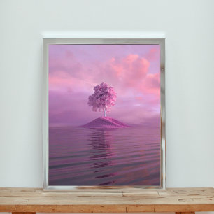 Impression Photo Arbre rose solitaire sur une île violette dans l'o