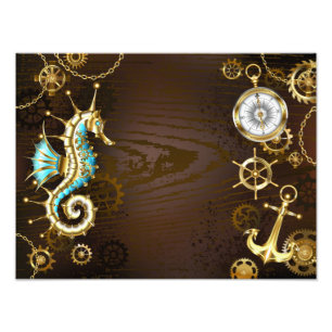 Impression Photo Arrière - plan en bois avec cheval de mer mécaniqu