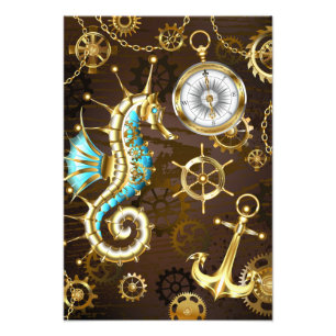 Impression Photo Arrière - plan en bois avec cheval de mer mécaniqu